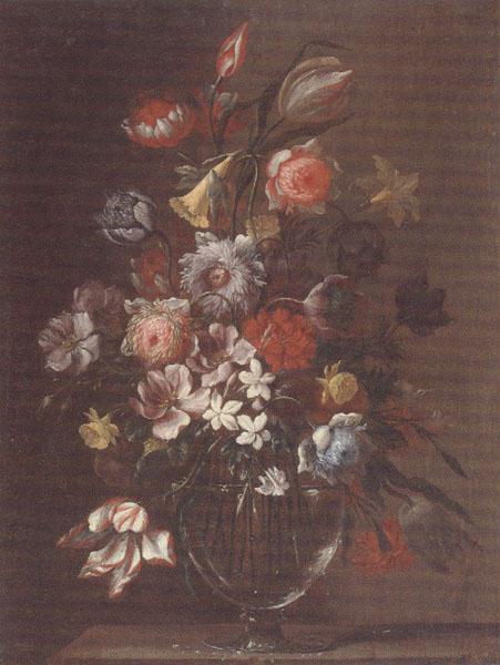 unknow artist Still life of carnations,tulips,roses and daffodils,in a glass vase,upon a table-top
